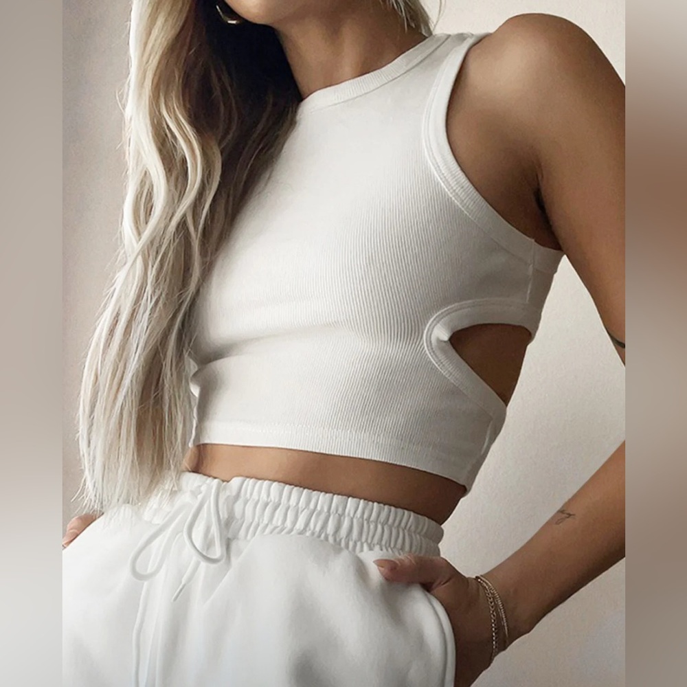 Commense White Ribbed Cutout Crop Top